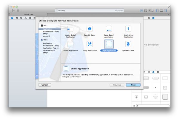 Xcode 5: Projektvorlage auswählen Screenshot