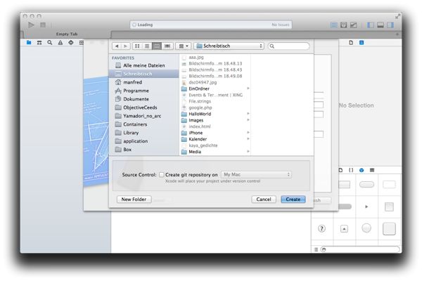 Xcode 5: Speicherort für neues Projekt wählen Screenshot