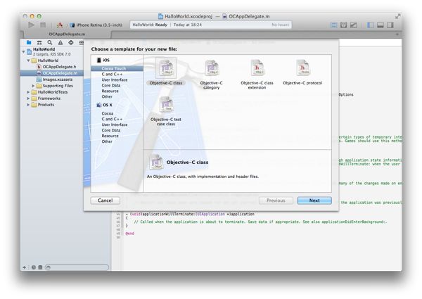 Xcode 5: Objective-C Klasse aus den Vorlagen wählen Screenshot