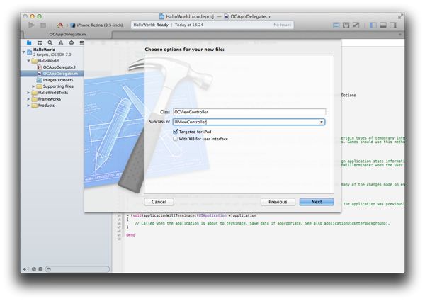 Xcode 5: Klassenname und Superklasse Screenshot