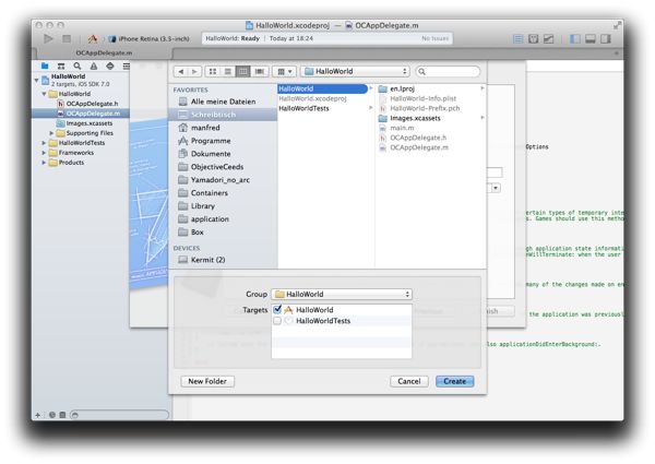 Xcode 5: Speicherort für die neue Datei wählen Screenshot